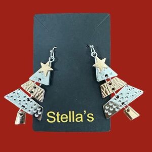 Christmas Tree Pierced Earrings 3” Gold Silver Tiered Dangling Hook Organza Bag